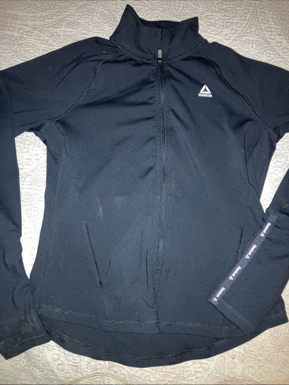 Reebok Black Zip-Up Athletic Jacket with Logo Tape